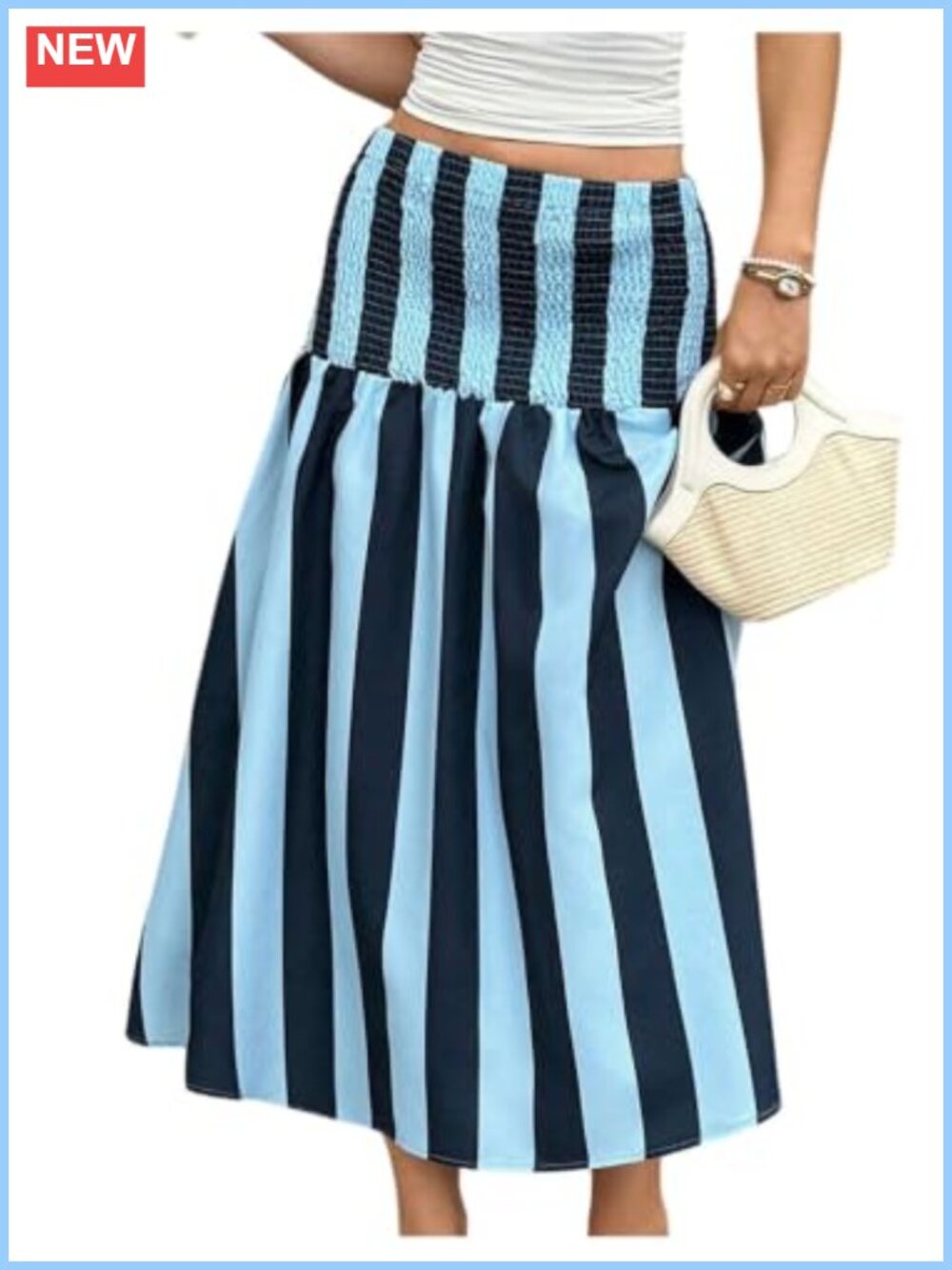 Striped Smocked High Waist A-Line Flowy Midi Skirt